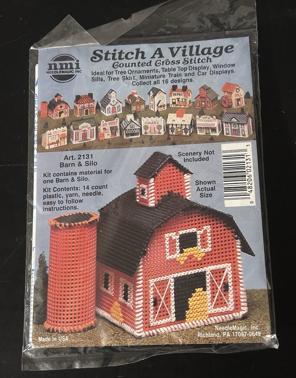 Vintage NMI Stitch A Village Barn Silo Cross Stitch Kit #2131 Plastic Canvas